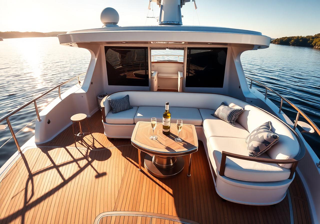 Yacht deck with lounge seating and champagne